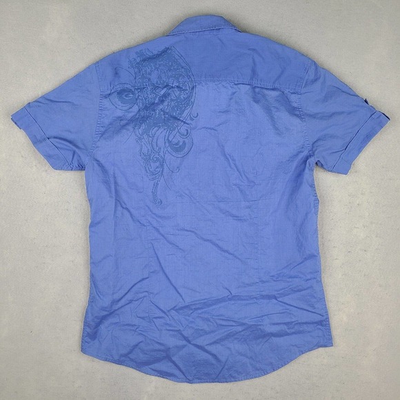 G By GUESS Shirt‎ Men's Large Blue Short Sleeve Button Down Tattoo Art - Picture 2 of 12